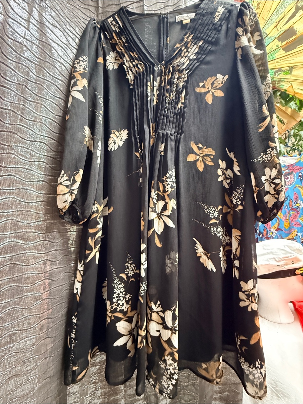 Calvin Klein Black Long-Sleeve Floral Dress with Pleated Neckline